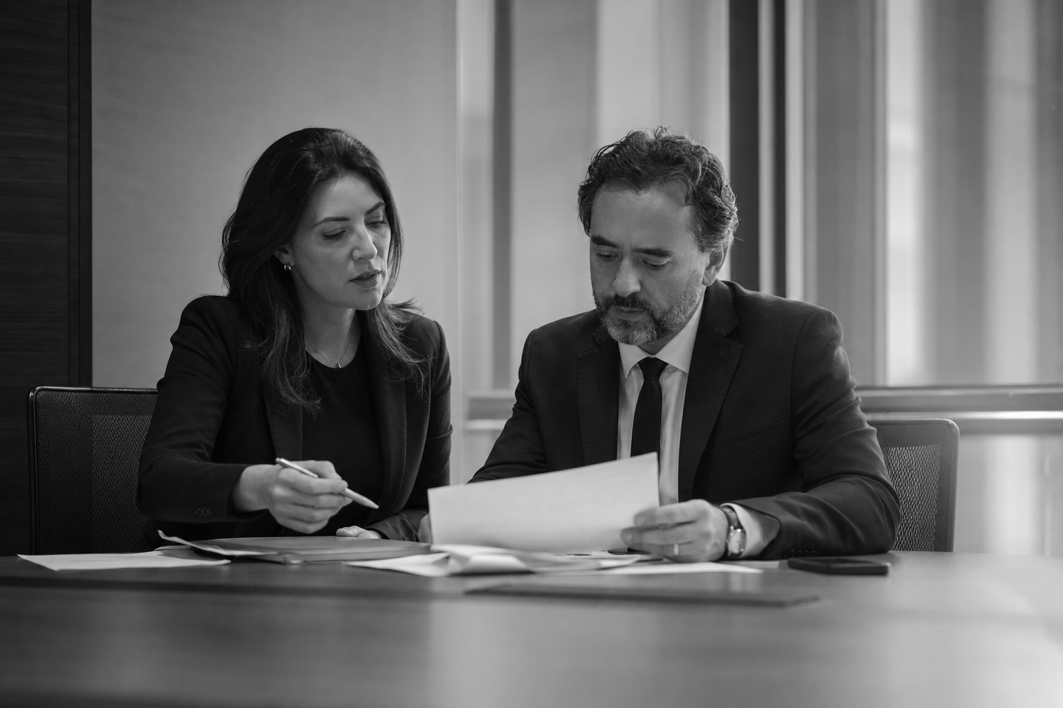 Advogados analisando documentos em reunião